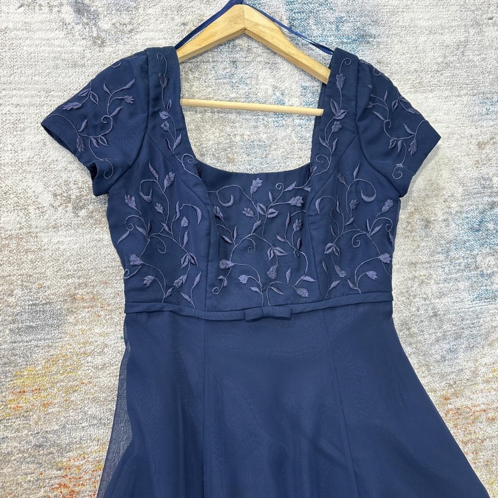 Elegant Navy Embroidered Cap-Sleeve Dress